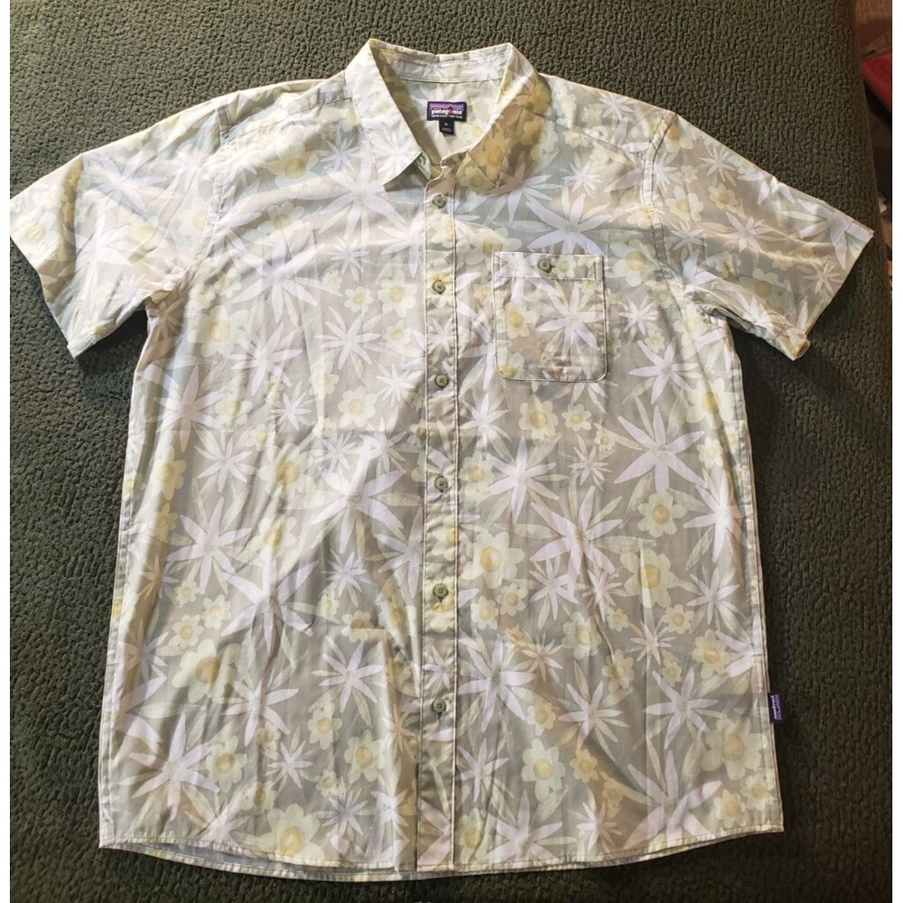 Patagonia Shirt Mens Olive Green Floral Short Sleeve Hawaiian Organic Go To XL